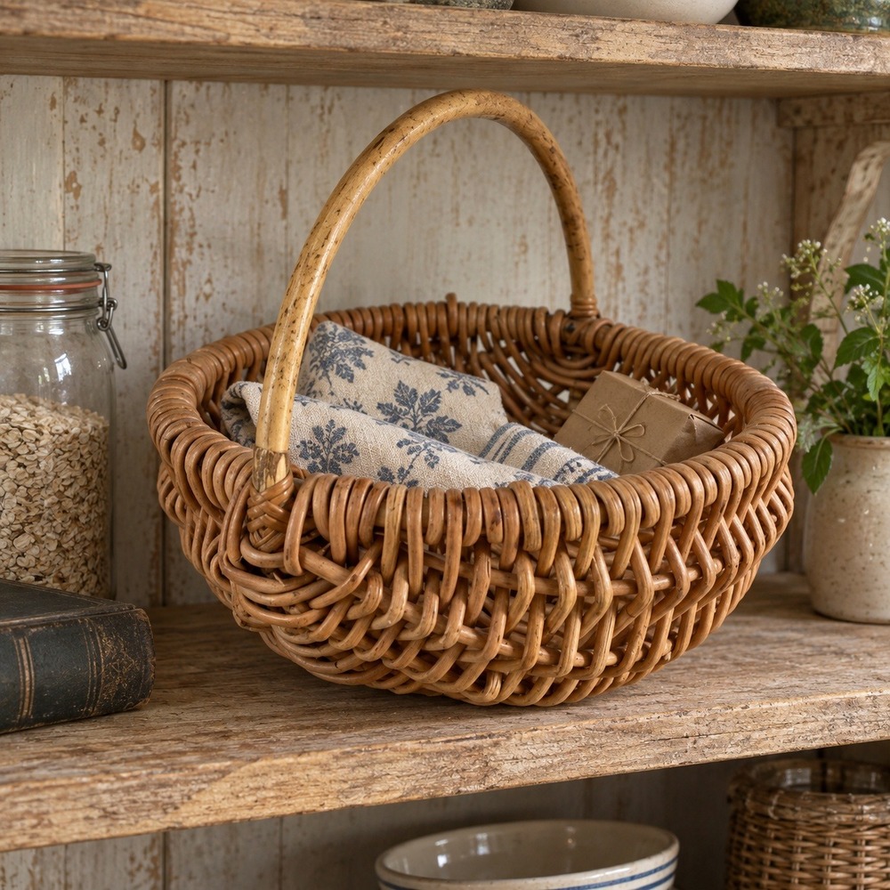 Vintage Sculptural Wicker Basket Handled Pantry Storage English Cottage